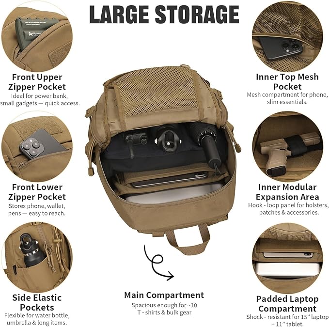 25L Tactical Backpack Small Hiking Backpack with Expandable MOLLE Front and Laptop Sleeve Biking Motorcycle Backpacks for Men