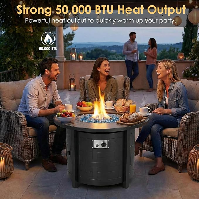 TLGREEN Propane Fire Pit Table 30 Inch Round – 50000 BTU Outdoor Fire Pit with Lid Converts to Patio Coffee Table Certified Includes Waterproof Cover &amp Blue Fire Glass(Grey)