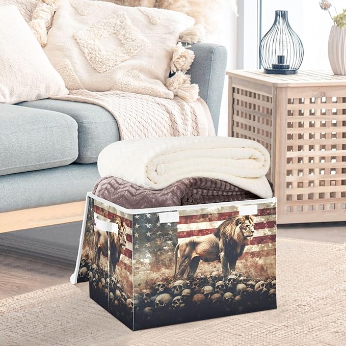 AIXIWAWA Lidded Storage Cube (Lion Skull American) Fabric Foldable Closet Bins with Flip Lid and Handles Organizer Basket Container 16.5 x 12.6 x 11.8 IN