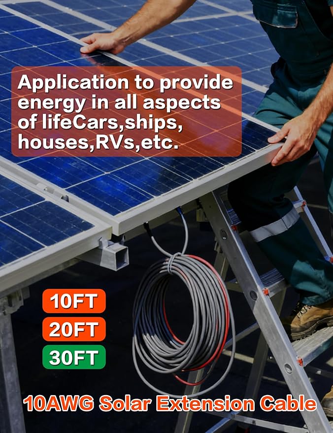 30Feet 10AWG Solar Extension Cable with Female &amp Male Connectors 6mm Solar Panel Weatherproof Wires for Solar Panels RV Marine Camper Ferry Black &amp Red PV Tinned Copper Extension Cord Kit