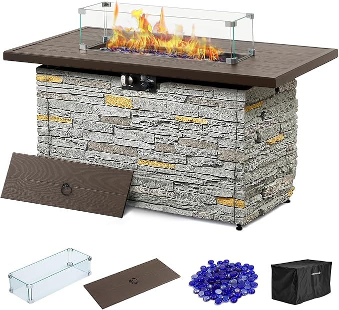 PIZZELLO 43 Inch Propane Fire Pit Table Outdoor Stone Firepit Table Rectangular 50000 BTU Propane Fire Tables for Outside Patio with Wind Guard Table Lid Fire Beads CoverPizzello Caldo (Gray)