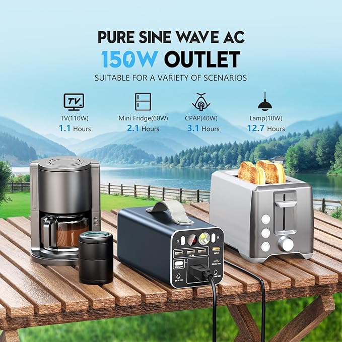 150W Portable Power Station 155.4Wh Portable Laptop Charger with AC Outlet DC/USB-C Port Battery Backup Power Supply for Outdoor Camping Home Outage