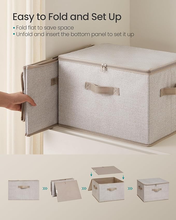 SONGMICS Foldable Storage Organizer Boxes Set of 3 Storage Basket Bins with Lids Handles Clothes Organizer 15.7 x 11.8 x 9.8 Inches Non-Woven Fabric Summer Sand URZB003K01