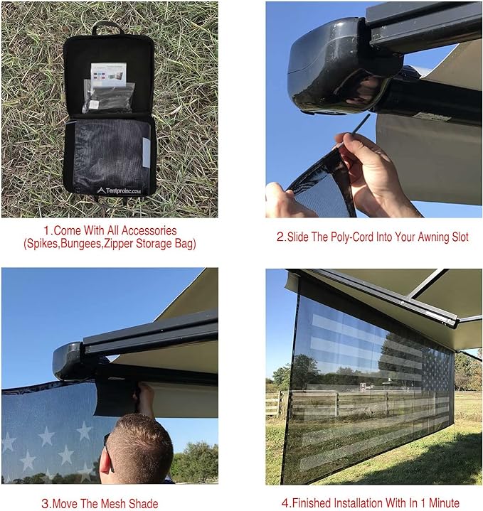 Tentproinc RV Awning Sun Shade Screen 7' X 20' 3'' (American Flag) Black Mesh Sunshade Camper Trailer Awning Shade Screen UV Blocker Completed Kits