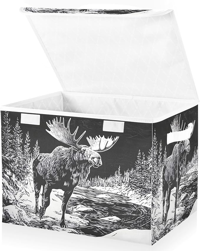 Sketch Moose Storage Cube Bins Basket with Lid Collapsible Flip-top Fabric with Handle for Home Bedroom Closet Office 16.5×12.6×11.8 in