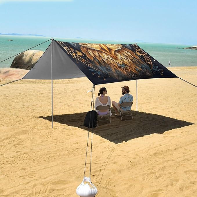 ALAZA Gold Owl Print Boho Beach Tent Sun Shelter UPF50+ Protection Beach Shade Canopy w/ 4 Sandbags for Outdoor Camping Fishing Backyard Fun Picnic 10x9 ft