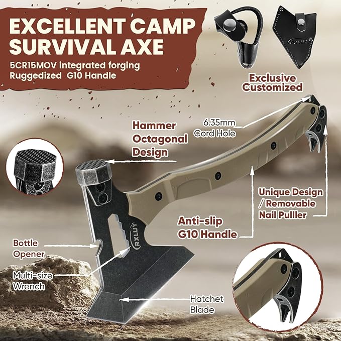 Tactical Axe with G10 Handle Camping Survival Hatchet Multifunctional Hiking Outdoor Heavy Duty Full Tang Tomahawk Tools with Hammer Unique Design Crowbar Leather Sheath (Gray)