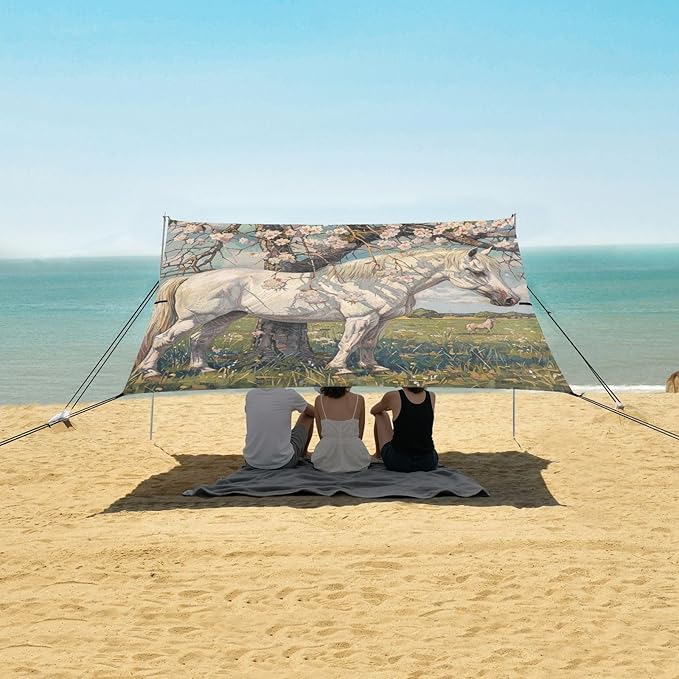 ALAZA White Horse Under Cherry Tree Beach Tent Sun Shelter Portable Canopy Sunshade for Outdoor Camping Picnics Backyard Fun 10x9 ft