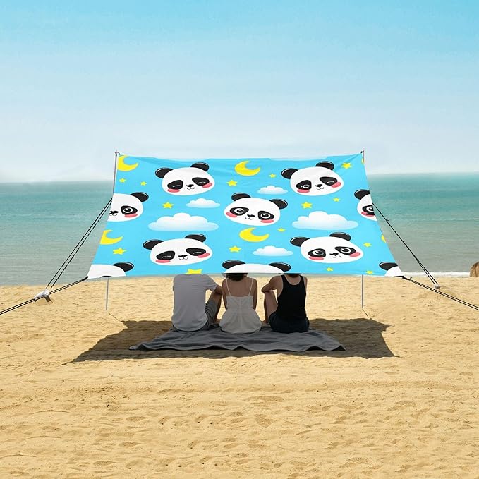 Panda Beach Canopy Sun Shelter with Sandbags &amp Sand Shovel &amp Windproof Ropes - Portable 110x126 Beach Shade Beach Tent for Camping Picnics