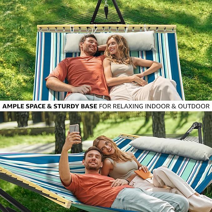Tranquillo Unity Adjustable Hammock Stand 800 lbs Capacity Steel Double Hammock Stand for 2 Persons Premium Pre-Assembled Stand for Indoor Outdoor Blue Leaf