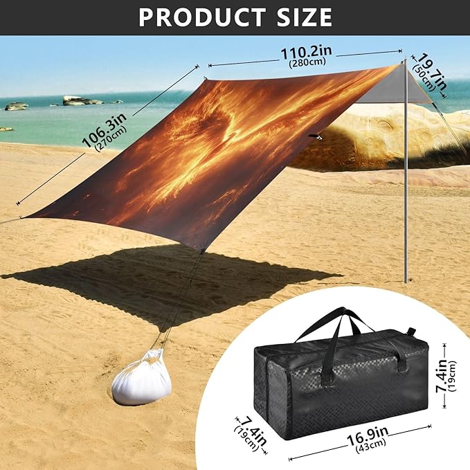 Fire Phoenix Beach Tent Sun Shelter Set UPF50+ UV Protection 10.5 x 9.19 FT Camping Shade Canopy with Sandbags Sand Anchors Carrying Bag and Others