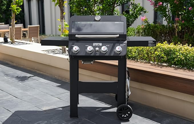 Monument Grills 4-Burner Liquid Propane Gas Grill Matte Black Stainless Steel Burner Grill with Clearview® Lid and One Foldable Shelf for Outdoor Cooking Kitchen Patio Backyard Barbecue Mesa420MF