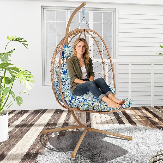 Hanging Egg Chair with Stand Outdoor Indoor Patio Rattan Swing Hammock Chairs with Washable Cushion PE Wicker Swing Chair for Backyard Bedroom Garden (Yellow + Floral Cushion with Footrest)