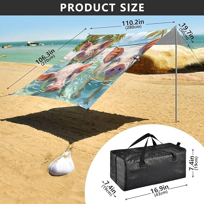 ALAZA Swimming Pigs Palm Tree Beach Tent Sun Shelter Portable Canopy Sunshade for Outdoor Camping Picnics Backyard Fun 10x9 ft
