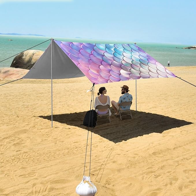 ALAZA Rainbow Mermaid Beach Tent Sun Shelter UPF50+ Protection Beach Shade Canopy w/ 4 Sandbags for Outdoor Camping Fishing Backyard Fun Picnic 10x9 ft