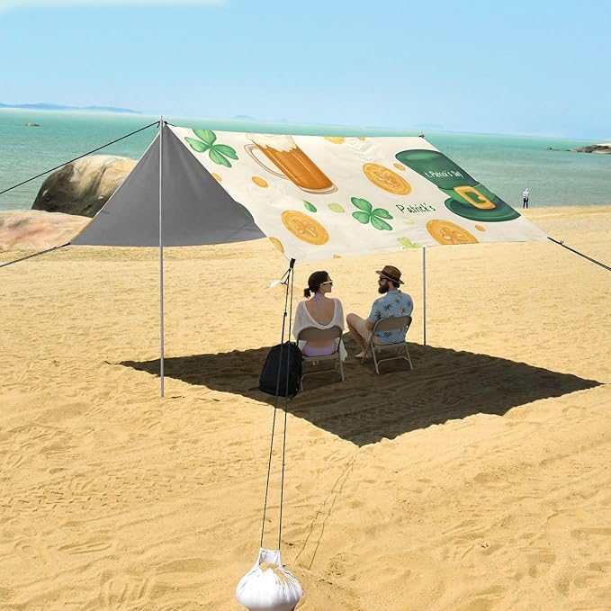 xigua St. Patrick's Day Beach Tent Sun Shelter with Carrying Bag - Silver Coated Oxford Fabric Beach Canopy for Beach Camping Fishing - Includes Windproof Ropes Sandbags &amp Stakes