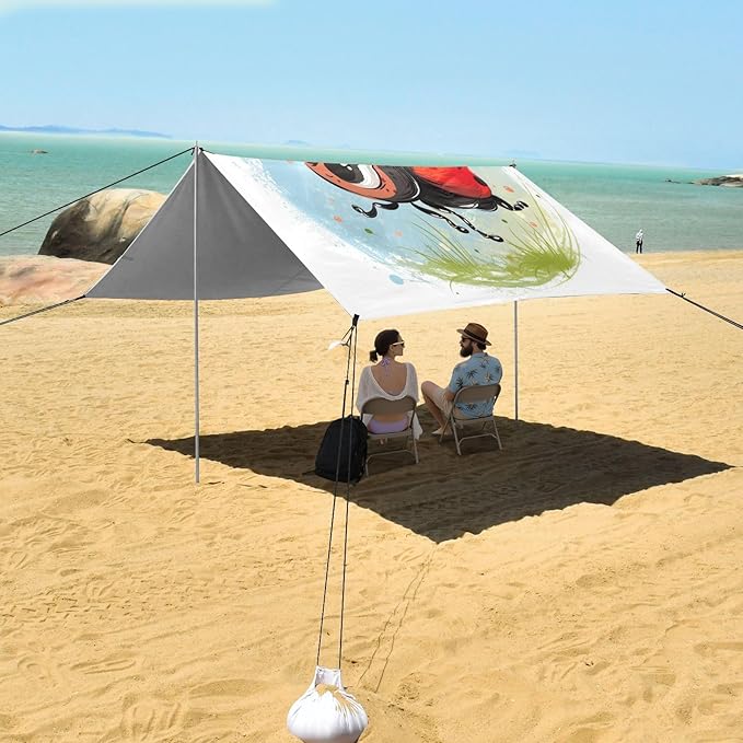 ALAZA Cute Lady Bug Cartoon Beach Tent Sun Shelter UPF50+ Protection Beach Shade Canopy w/ 4 Sandbags for Outdoor Camping Fishing Backyard Fun Picnic 10x9 ft