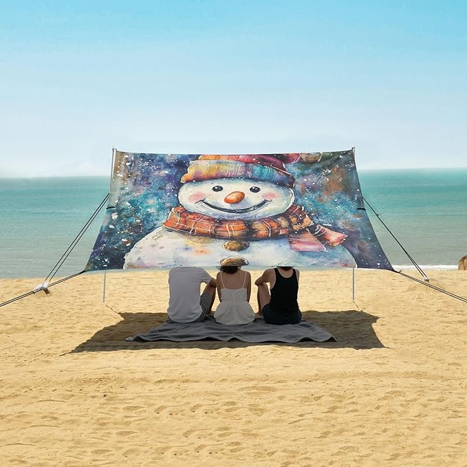 ALAZA Watercolor Snow Man Beach Tent Sun Shelter UPF50+ Protection Beach Shade Canopy w/ 4 Sandbags for Outdoor Camping Fishing Backyard Fun Picnic 10x9 ft
