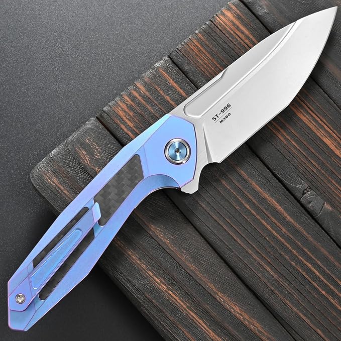 Sitivien ST996 Folding KnifeHandmade M390 Pearlescent Polishing BladeTitanium &amp Carbon Fiber Handle Pocket Knife for Outdoor CampingHikingHunting(Blue)