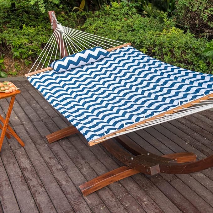 Lazy Daze Hammocks 12FT Quilted Fabric Double Hammock with Spreader Bars and Detachable Pillow 2 Person Hammock for Outdoor Patio Backyard Poolside 450 LBS Weight Capacity Blue Chevron Stripe