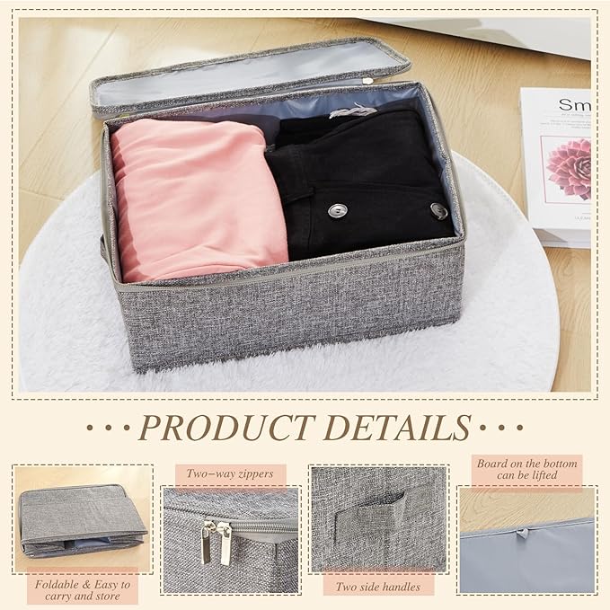 Soaoo 5 Pcs Fabric Storage Bins with Zipper Lids and Handle 15 x 10 x 6'' Rigid Collapsible Washable Wardrobe Storage Boxes Stackable Foldable Closet Organizer Containers Cubes Gray