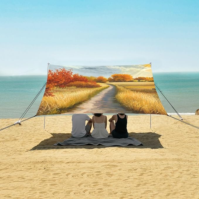 Beach Canopy with Windproof Ropes &amp Sandbags Beach Tent Sun Shade Sun Shelter for Camping Trips Fishing Backyard Fun or Picnics Autumn Landscape