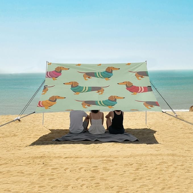 Cute Dachshunds Beach Tent Sun Shelter Set UPF50+ UV Protection 10.5 x 9.19 FT Camping Shade Canopy with Sandbags Sand Anchors Carrying Bag and Others