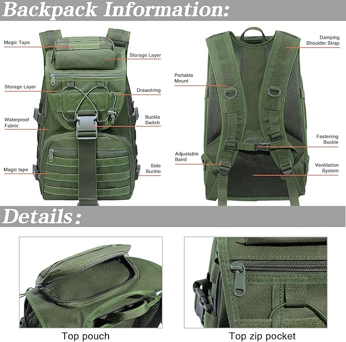 LIMHOO Military Tactical Backpack for Men Women 35L Hiking Trekking Rucksack 3 Day Molle Assault Pack (Army Green)