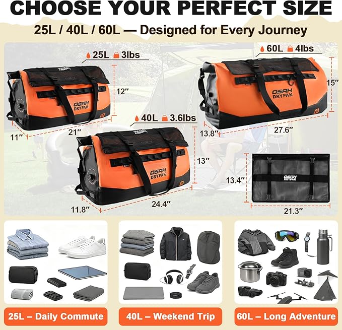 OSAH DRYPAK Waterproof Duffel Bag 25L/40L/60L – Heavy-Duty Motorcycle Tail Bag Roll-Top Dry Bag for Travel Camping Boating Kayaking Outdoor Adventure