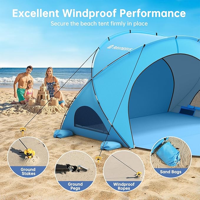 Raynesys Beach Tent Sun Shelter Sun Shelter for 1-4 Person Beach Shade Tent Beaches Shade with 2 Zippered Doors Portable Tents for Camping Fishing Blue