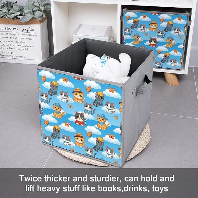 Foldable Storage Cube with Handles Cute Cats Sturdy Collapsible Organizer Bin for Heavy Items like Books &amp Tools Reinforced Sides for Durability