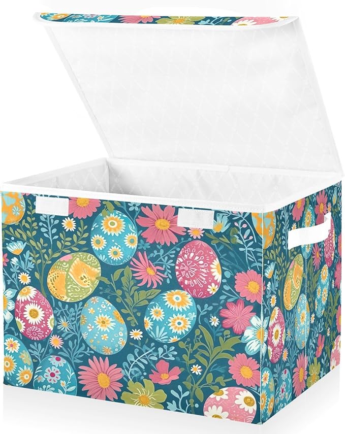 Storage Baskets with Lids Colorful Eggs Collapsible Bins Stackable Fabric Linen Baskets Closet Organizer Container 16.5x12.6x11.8