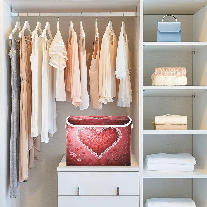 senya Valentines Baskets Collapsible Storage Bins with Lids Love Heart Floral Heart Storage Boxes Clothes Baskets for Organizing