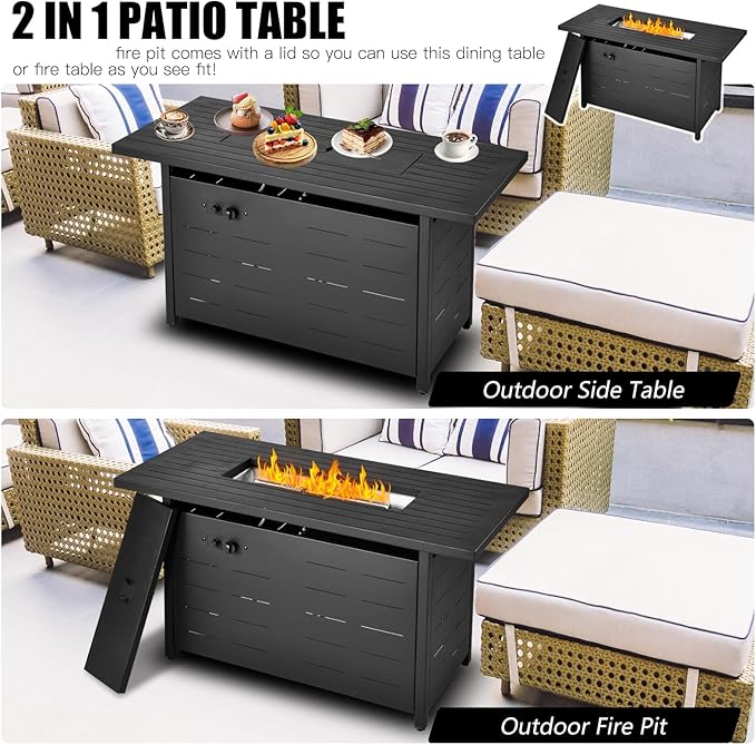 45 inch Propane Fire Pit Table50000 BTU Gas Fire Pits Table with Lid &amp Lava Rock &amp Waterproof Cover Outdoor Propane Firepit for Dining or Party Outside Patio Garden Yard