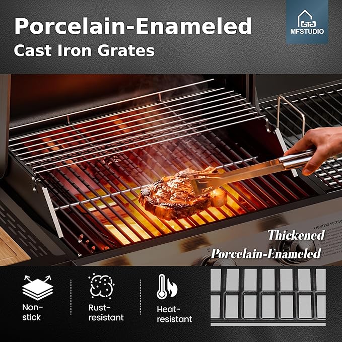 MFSTUDIO Gas and Charcoal Grill Combo with Side Smoker Heavy Duty Dual Fuel BBQ Grill with Porcelain-Enamel Grates Perfect for Outdoor Grilling 840 SQIN Cooking Area