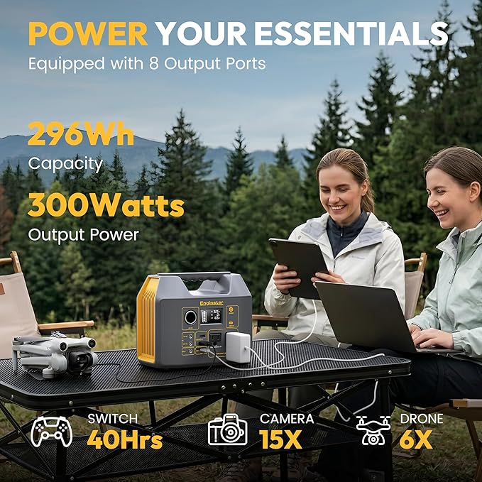 Portable Power Station EnginStar 300W Solar Generator 110V 296Wh Power Bank Two Pure Sine Wave AC Outlet 80000mAh Lithium Battery Pack for Camping Outdoors Trip RV Hunting Vans Emergency Backup