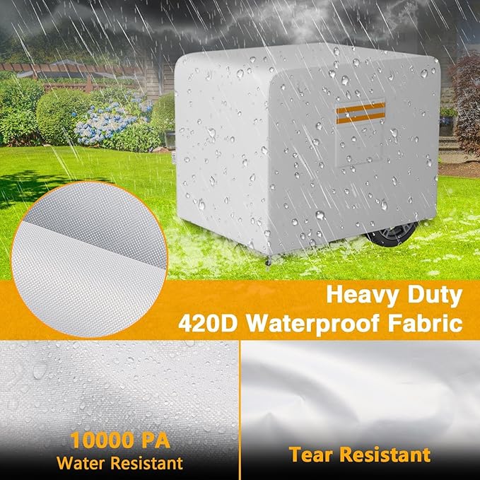 Generator Cover 32”L x 24”W x 24”H Heavy Duty Waterproof 420D All-Weather Generator Cover with Storage Pocket Compatible with Most Generators 5000-10000 Watt (Gray)