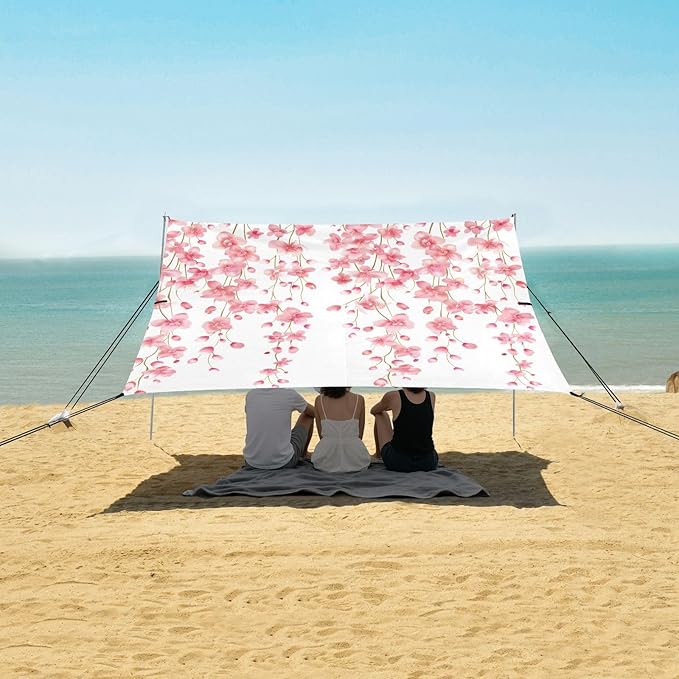 ALAZA Weeping Cherry Blossom Flower Pink Beach Tent Sun Shelter UPF50+ Protection Beach Shade Canopy w/ 4 Sandbags for Outdoor Camping Fishing Backyard Fun Picnic 10x9 ft