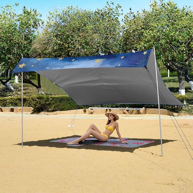 ALAZA Blue Clouds Stars Beach Tent Sun Shelter UPF50+ Protection Beach Shade Canopy w/ 4 Sandbags for Outdoor Camping Fishing Backyard Fun Picnic 10x9 ft