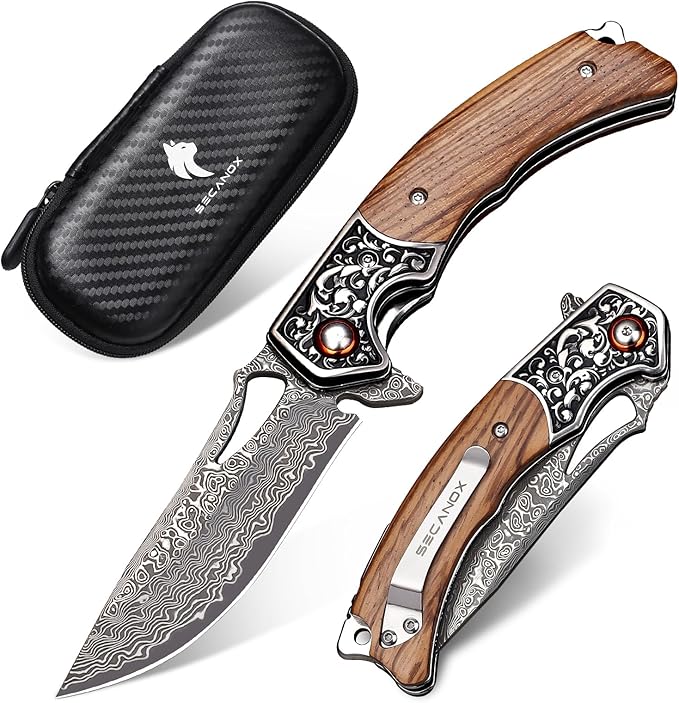 Damascus Pocket Knife with Wooden Handle Sharp 3.54 Damascus Steel Blade Folding Knives for EDC Camping Hiking Outdoor Collection