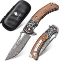 Damascus Pocket Knife with Wooden Handle Sharp 3.54 Damascus Steel Blade Folding Knives for EDC Camping Hiking Outdoor Collection