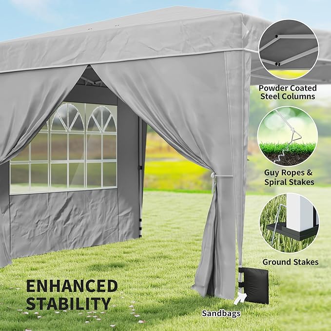 Outsunny 10 x 10 ft Pop Up Canopy Tent with Sidewalls UPF50+ Outdoor Portable Instant Canopy Shelter with Carry Bag Sandbags Adjustable Height for Parties Events Camping Light Gray