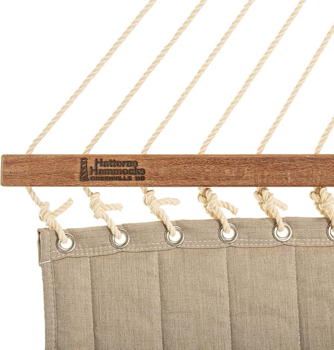 Hatteras Hammocks Large Cast Ash Sunbrella Quilted Hammock – 13 ft. x 55 in. 2-Person 450 lb Capacity Cumaru Spreader Bar Zinc-Plated Hardware – Handcrafted in The USA