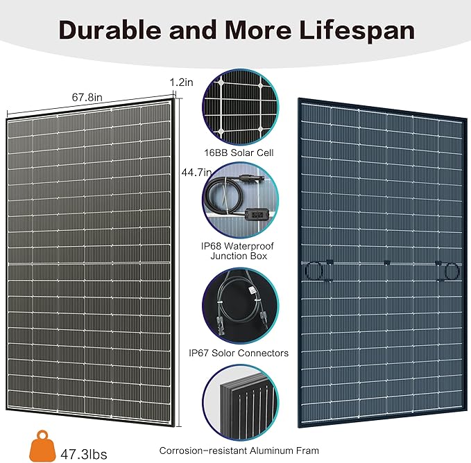JJN Bifacial 400 Watt Solar Panel N-Type 16BB 400W Solar Panels 25% High Efficiency Monocrystalline Solar Module for 12V/24V/48V PV System for Homes Rooftop Farm RV and Off-Grid Applications