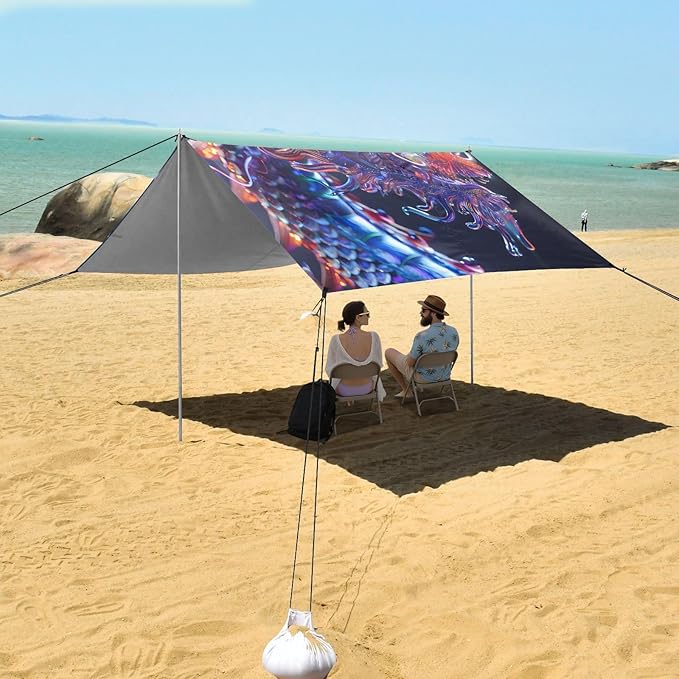 ALAZA Rainbow Chinese Dragon Beach Tent Sun Shelter UPF50+ Protection Beach Shade Canopy w/ 4 Sandbags for Outdoor Camping Fishing Backyard Fun Picnic 10x9 ft