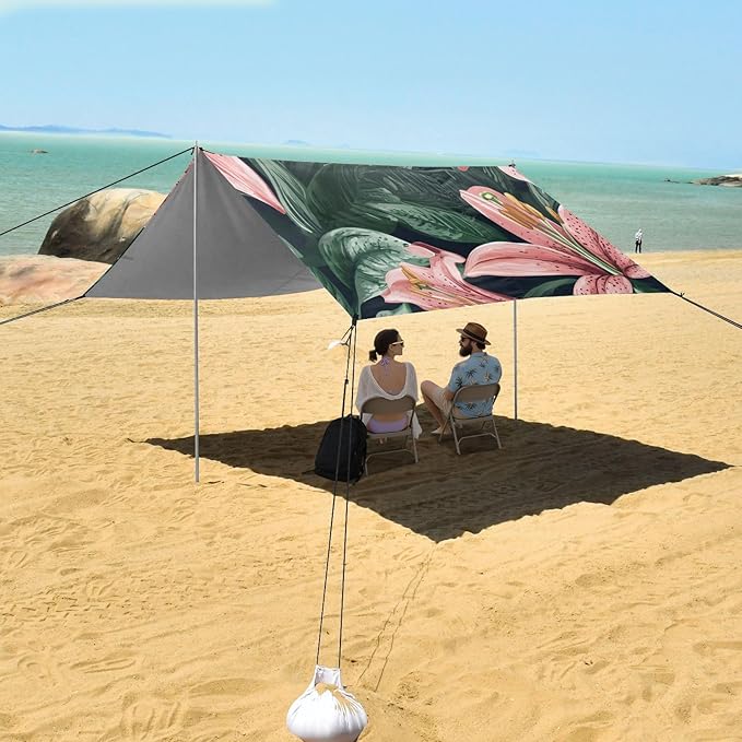 ALAZA Lily Flowers and Leaves Beach Tent Sun Shelter Portable Canopy Sunshade for Outdoor Camping Picnics Backyard Fun 10x9 ft