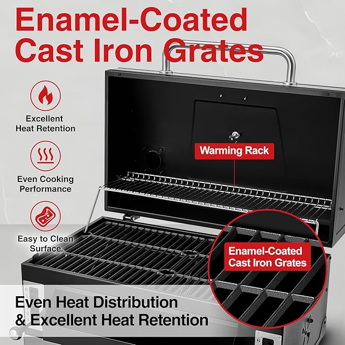 Built-in Charcoal Grill Large BBQ Grills with Liftable Tray Insulated Hood &amp Temp Gauge Black Stainless Steel Barrel Grill for Outdoor Kitchen Family BBQ Parties &amp Patio Use