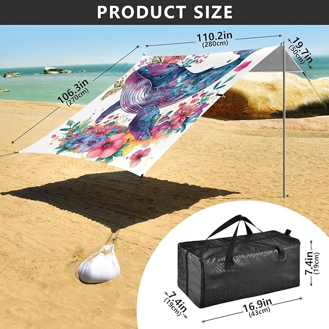 ALAZA Whale and Flower Beach Tent Sun Shelter UPF50+ Protection Beach Shade Canopy w/ 4 Sandbags for Outdoor Camping Fishing Backyard Fun Picnic 10x9 ft
