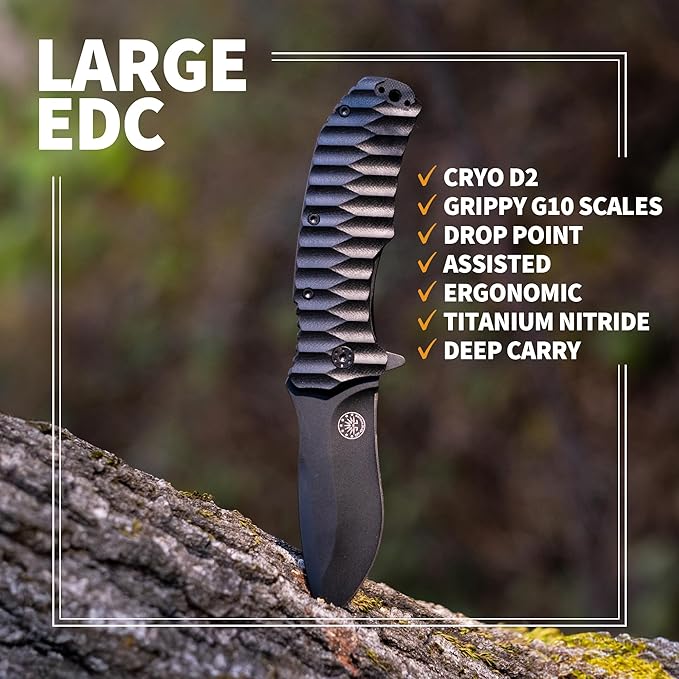 Off-Grid Knives - Rapid Fire Blackout - Large Folding Knife for Camping &amp EDC Cryogenic D2 Blade Steel Titanium Nitride Coating with G10 Scales &amp Deep Carry Clip