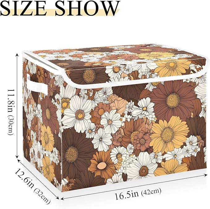 Boho Florals Storage Cube Bins Basket with Lid Collapsible Flip-top Fabric with Handle for Home Bedroom Closet Office 16.5×12.6×11.8 in